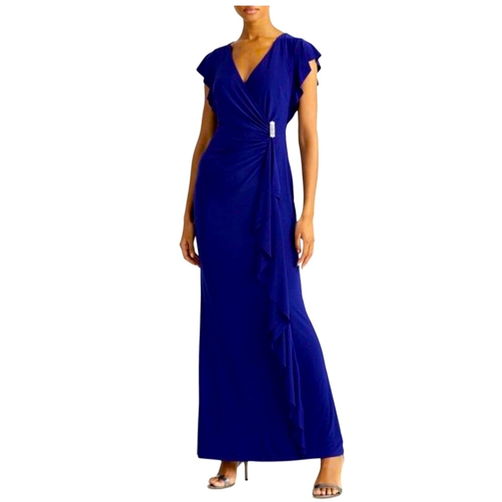 New Lauren Ralph Lauren Flutter-Sleeve Surplice Gown Dress, Size: 10